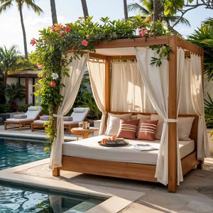Lit de repos de luxe en teck pour l'extérieur avec auvent et coussins – Salon de relaxation au bord de la piscine - Product Image 1