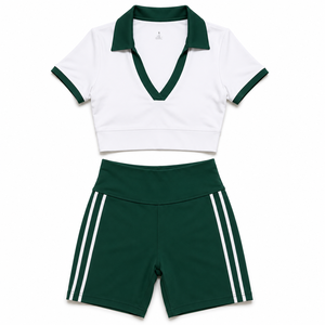 Women Tennis <b>Yoga</b> <b>Set</b> Polo Crop Top High Waist Biker Shorts Fitness Gym Activewear Sportswear <b>Set</b> - Product Image 1