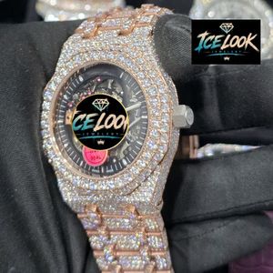 Iced Out Moissanite Mechanical <b>Watch</b> <b>Skeleton</b> Dial Quartz Movement Stainless Steel Band Luxury Unisex Hip Hop Style Analog Dial - Product Image 2