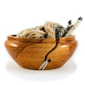 Wooden Yarn Bowl Round Simple Design Portable 15cm for Hand Knitting Convenient Storage with Blue and White Yarn Inside - Product Image 4