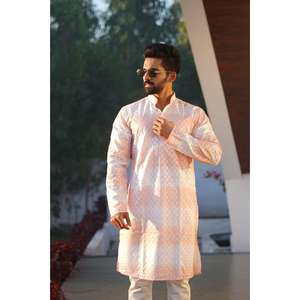 BORDADO DE ALGODÓN A LA MODA ESTAMPADO PARA HOMBRE KURTA CON PAYJAMA MELOCOTÓN CON BLANCO Kurtis - Product Image 2