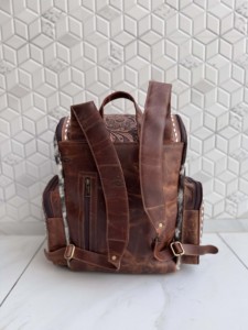 New Hand Tooled Leather Cowhide <b>Backpack</b> With Floral Carving Unisex Bohemian Style Multiple Pockets Zipper Closure Daily Use Bag - Product Image 5