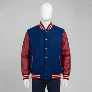 <b>Men's</b> Royal Blue Varsity <b>Jacket</b> With Burgundy Faux <b>Leather</b> Sleeves Ribbed Collar Snap Button Closure Casual Letterman Outerwear - Product Image 6