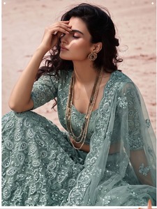 <b>Green</b> <b>Silk</b> Simple Beaded Embroidered Strapless Floor-Length A-Line Lehenga Choli Bridal Wedding Dress Handmade Special Occasion - Product Image 3