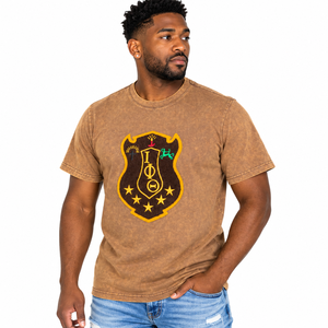 Camiseta Iota Phi Theta marrón lavada para hombre, manga corta, cuello redondo, escudo bordado, efecto vintage, camiseta informal de algodón cómoda - Product Image 1