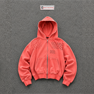 Sweat à capuche zippé pour homme en polaire corail vieilli avec manches cloutées, coupe oversize, imprimé géométrique, style décontracté pour l'automne, mode décontractée et confortable - Product Image 5