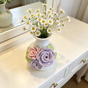 Porcelain <b>Vase</b> With Pink Ranunculus Flowers Shabby Chic Design Glazed Tabletop Decor 8-16 Inches Height - Product Image 3