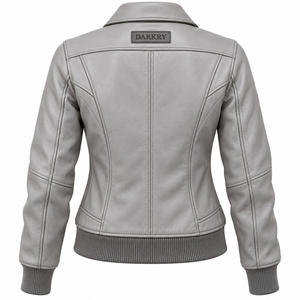 Custom Womens Light Grey Real <b>Leather</b> Bomber Jacket Wholesale Collared Ribbed <b>Waist</b> Ladies Biker Outerwear <b>Coat</b> - Product Image 2