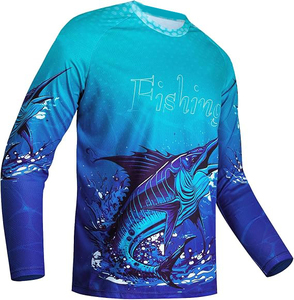 เสื้อแรชการ์ดแขนยาวสำหรับผู้ชาย พิมพ์ลายปลากระเบนสีน้ำเงินด้วยเทคนิค Heat-Transfer ป้องกันรังสียูวี ระบายอากาศได้ดี พร้อมโลโก้ด้านหน้า เสื้อสำหรับออกกำลังกาย - Product Image 1