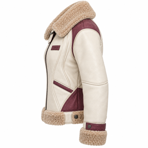 Chaqueta de Piel de Oveja Genuina Color Crema Borgoña para Mujer, con Forro de Borreguito, Solapa de Felpa, Correa con Hebilla, Abrigo de Invierno - Product Image 4