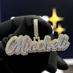 <b>Custom</b> Iced Out Script <b>Name</b> Pendant 925 Sterling Silver VVS Moissanite Raised Layer Hip Hop <b>Necklace</b> Yellow Gold Unisex Designer - Product Image 1
