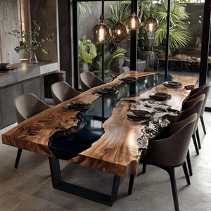 Table à manger en bois d'acacia à bord naturel et résine époxy - Table à manger rectangulaire en bois massif sur mesure pour la maison, le bureau, l'hôtel, le salon, Diwali - Product Image 5