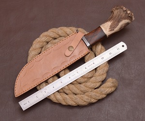 Couteau de chasse Bowie en acier Damas fait main, manche en bois et corne, style Viking, qualité industrielle, lame droite, 14 pouces, fixe, OBM, pour l'extérieur - Product Image 5