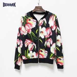 Women Basic Coats Flower Print Long Sleeve Zipper Bomber Warm Jacket Casual Coat - Product Image 5