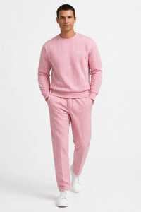 Conjunto de sudadera de cuello redondo y pantalones deportivos de felpa francesa con rayas rosas para hombre - Product Image 1