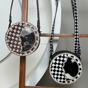 High Quality Checkered Cow Leather Crossbody Bag Women's <b>Round</b> Messenger Handbag Shoulder Handbag <b>Round</b> Purse <b>Sling</b> Circle Bag - Product Image 4