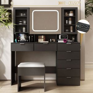 Set Tavolo da Trucco Grande con Luci LED e Stazione di Ricarica, Scrivania per Makeup con Porte in Vetro e Cassetti per Uso da Toeletta - Product Image 4