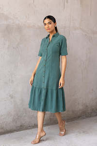 Vestido Camisero Verde de Manga Corta con Cuello Camisero, Largo Midi, Dobladillo en Capas, Transpirable, Tejido de Algodón y Fibra de Bambú, Vestido Casual de Verano - Product Image 2
