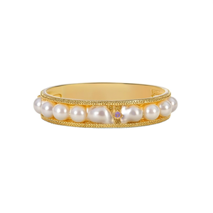 Gold Plated <b>Copper</b> Cuff <b>Bangle</b> with Pearl for Engagement - Product Image 2