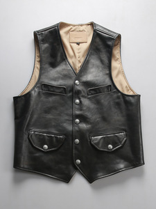 Chaleco sin mangas de cuero negro para hombre con botones plateados y cuatro bolsillos, chaleco informal - Product Image 3
