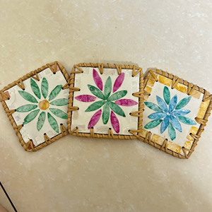 Rattan <b>Coasters</b> and place mats with mother of pearl inlay handmade rattan shell material square shape - Product Image 1