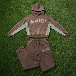 Ensemble survêtement personnalisé pour femme, sweat à capuche et pantalon de survêtement, délavé à l'acide, marron et vert, color block, OEM, vente en gros - Product Image 5