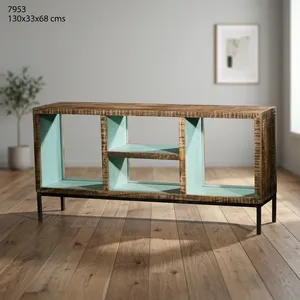 Rustic Wooden Iron <b>Media</b> Cube Rack with Open Compartments and Metal Legs for Living Room <b>Storage</b> - Product Image 6