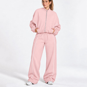Conjunto Deportivo Personalizado para Mujer con Cremallera Completa, Pantalones Oversize con Ribete Blanco en Contraste, Cintura Elástica, Manga Larga, Conjunto de 2 Piezas - Product Image 3