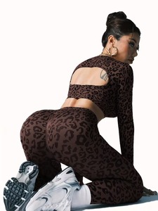 Seamless Two Piece Fitness Outfit Jacquard Animal Print Thumbhole <b>Top</b> with Ruched Booty Lifting <b>Compression</b> Workout Tights - Product Image 6