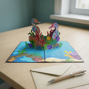 Meilleure Vente : Carte Pop-up Hippocampes 3D Faite à la Main en Papier Découpé au Laser, Design Personnalisé, Tendance Actuelle, Cadeaux de Saint-Valentin du Vietnam, Amour - Product Image 2