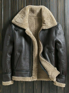 Blouson aviateur en cuir véritable pour homme REAC READY INDUSTRY, col rabattu, doublure en sherpa, respirant, fermeture éclair, coupe-vent, hiver - Product Image 1