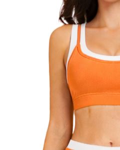 Ensemble de sport personnalisé pour femme : soutien-gorge contrastant orange et blanc et pantalon évasé taille haute extensible pour yoga, fitness et gym – Vente en gros OEM personnalisée - Product Image 4
