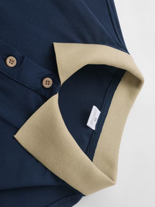 Men's Navy Blue Polo Shirt Short Sleeve Knitted Solid Color Casual Button Down Collar Design - Product Image 3