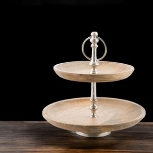 Elegant 2-Tier Wooden Cake Stand with Silver Handle Perfect for Displaying Desserts and Treats for Any Occasion - Product Image 1