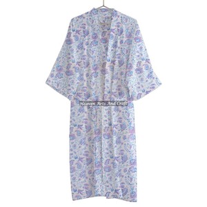 Beautiful Indian Floral Organic Block Print Robes for Women's Kimono with Waist Belt Closure Gown - Product Image 6