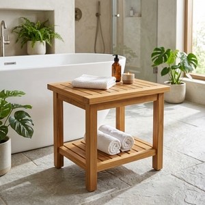 Modern Solid Teak Wood Aqua <b>Stool</b> Lower Shelf Storage Well Sanded <b>Bathroom</b> Outdoor Apartment Furniture Model ST002 - Product Image 4