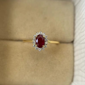 Elegante Anillo de Rubí Rojo, Plata de Ley 925, Chapado en Oro de 14K, Corte Ovalado, Halo de Rubíes, Anillo de Compromiso Vintage - Product Image 1