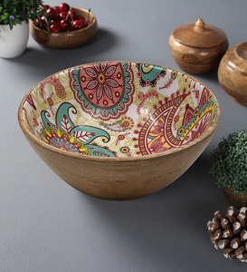 Tazón para servir de madera y resina con diseño impreso en negro, madera de mango natural, para servir frutas y ensaladas - Product Image 6