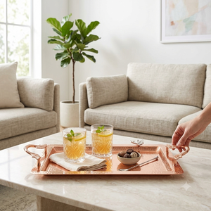 Handmade Hammered Copper Rectangular Serving <b>Tray</b> with Ornate Handles Large Food Platter Wholesale Home Hotel Restaurant Bulk - Product Image 3