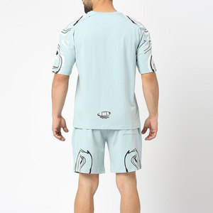 Ensemble t-shirt et short décontracté bleu clair pour homme, col rond, imprimé, tenue d'été, tissu tricoté respirant - Product Image 2