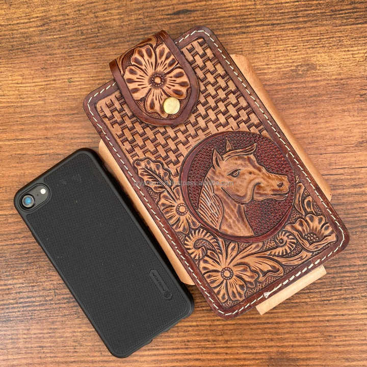 Western Cowboy Hand Tooled Leather Mobile Phone Case Luxury Cellphone Holder Case Portable Genuine Leather Phone Holster for Men