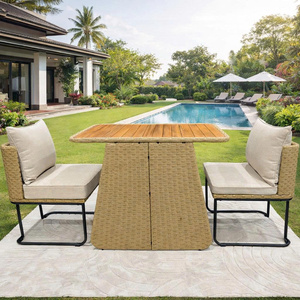 Wholesale Price Modern Rattan Dining Set Acacia <b>Table</b> 2 Chairs Light Cushion Steel Frame Waterproof Garden Furniture - Product Image 4
