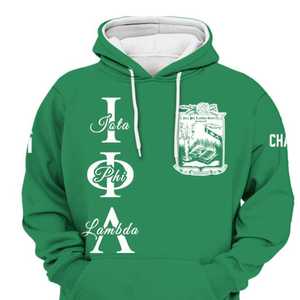 Sweat à capuche personnalisé de la sororité Iota Phi Lambda, vert émeraude, lettres grecques sur le devant, écusson et année au dos, style pull-over - Product Image 4