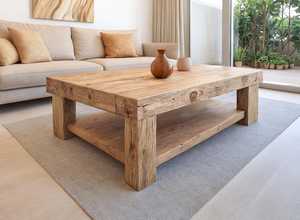 Table basse en bois massif artisanale à finition 100% naturelle avec étagère inférieure ouverte, plateau rectangulaire épais et style rustique - Product Image 3