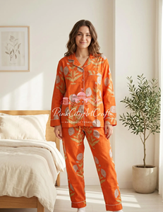Premium Quality Hand-Printed Cotton Pajama Set for Women Nightwear Loungewear Aesthetic Indian Artisanal Cotton PJ Set - Product Image 2