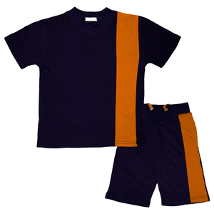 Conjunto Deportivo de Cuello Redondo OEM al por Mayor, Traje Deportivo de 2 Piezas con Paneles en Contraste Azul Marino y Rojo - Traje Atlético de Verano - Product Image 5