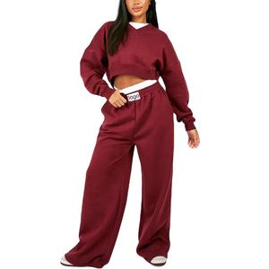 Sweats à capuche à double ceinture avec logo personnalisé Pantalon à jambe droite Survêtement pour femmes Ensemble 2 pantalons de survêtement et sweat à capuche deux pièces 2026 - Product Image 1