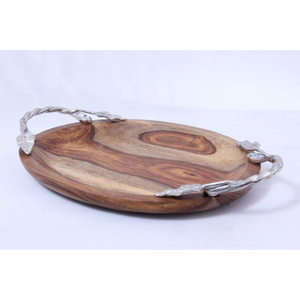 Bandeja de madera decorativa personalizable con asa de rama plateada antigua, ecológica, de mango macizo, para utensilios de cocina del hogar. - Product Image 2