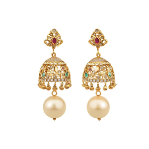 Ruby Stone Studded Peacock Jhumki Drop Earrings in 24K Gold Plated Pearl - Product Image 3