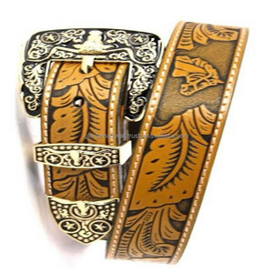 Vintage Hand Carving & Painting Men's Western Leather Tooling Belt for <b>Jeans</b> with Stylish <b>Floral</b> Buckle Keeper and Loop End - Product Image 3